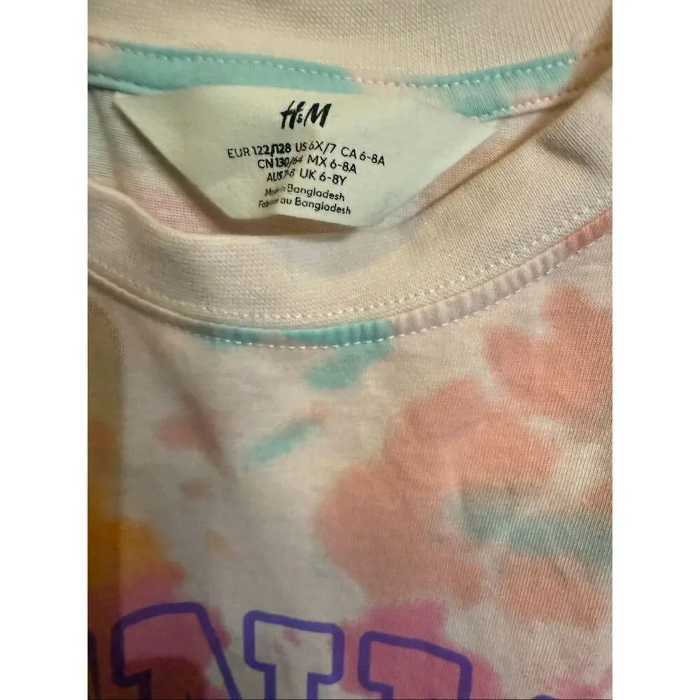 H&M Kids Crew Neck Tie Dye Venice Print T-shirt Dress Pink Multi Size 6-8Y NWOT